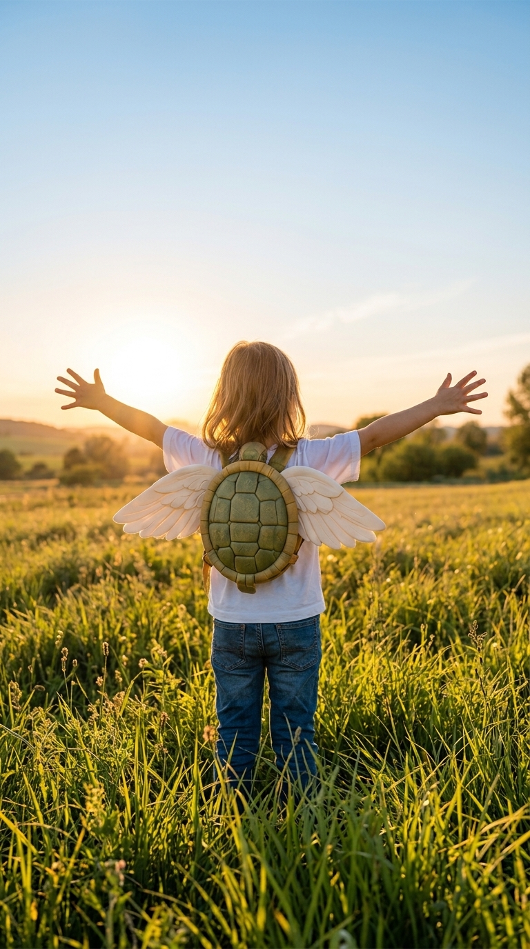 Kind mit Schildkrötenpanzer und Flügeln auf einer Wiese
